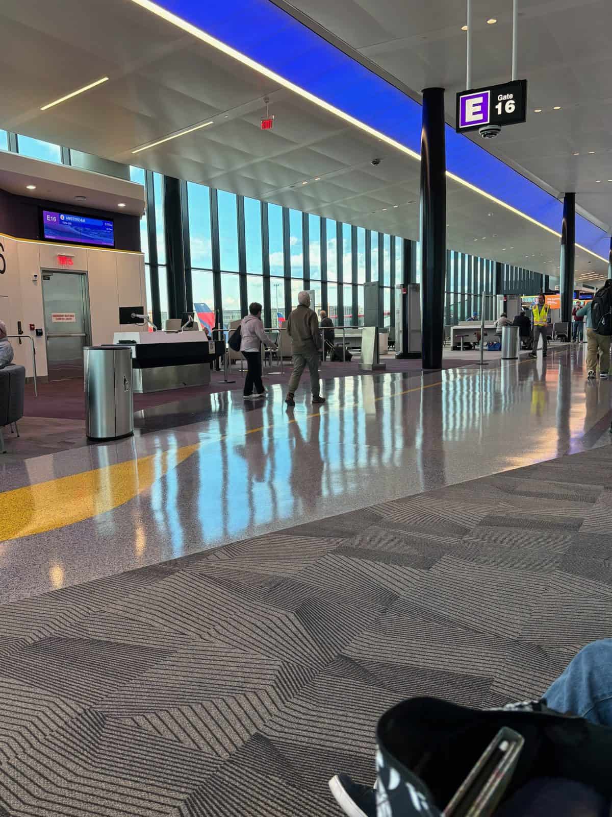 How to Stay Hydrated on Long Haul Flights 2026 Boston Logan Terminal E gate area, a good spot to refill a water bottle before a long haul flight