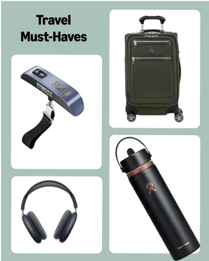 Travel must-haves: Etekcity luggage scale, Travelpro Platinum Elite carry-on, Apple AirPods Max and Hydro Flask bottle